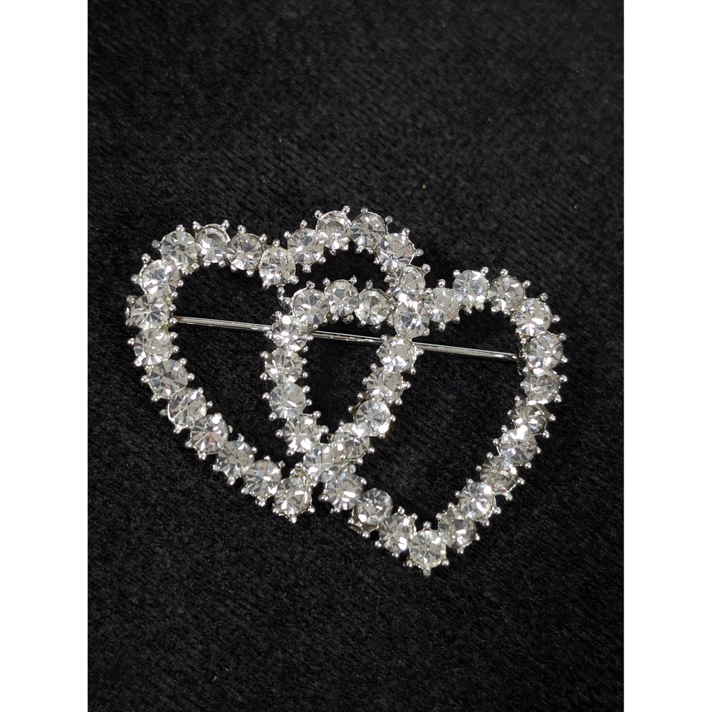 ilver Tone Double Heart Rhinestone Brooch Romantic Crystal Love Pin